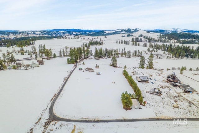 snowy aerial view with a mountain view