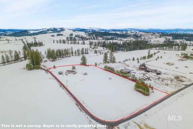 snowy aerial view featuring a mountain view