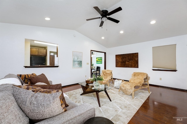 living area with recessed lighting, wood finished floors, a ceiling fan, and vaulted ceiling