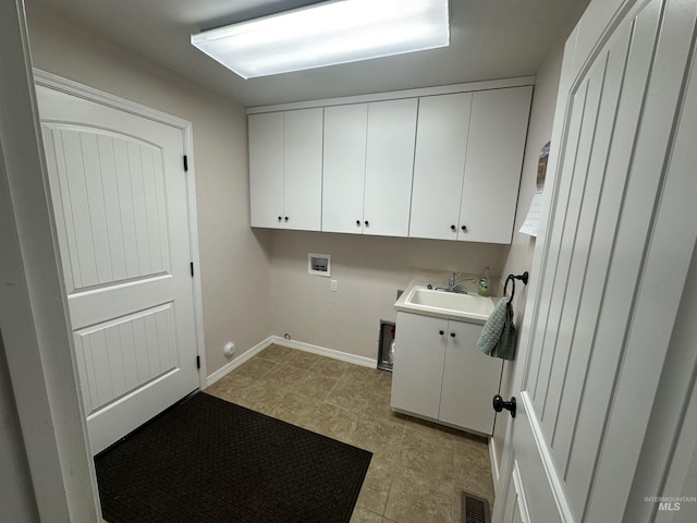 382 N 1020 E, Declo, ID 83323 - laundry area with a sink, cabinet space, visible vents, baseboards, and hookup for a washing machine