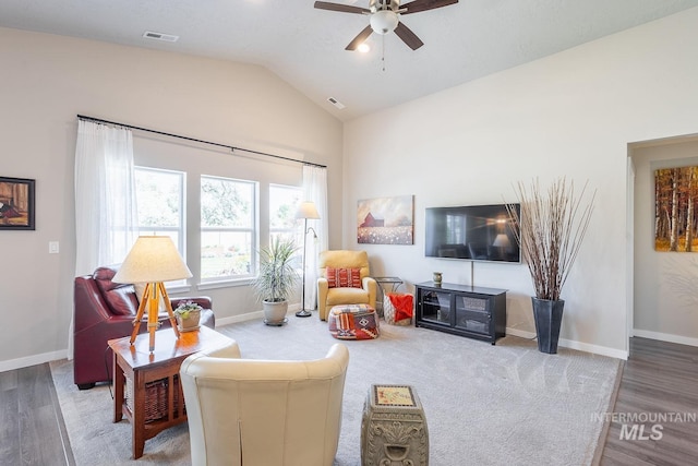 3772 S Walnut Ridge Way, Nampa, ID 83686 - living room with a ceiling fan, vaulted ceiling, and wood finished floors