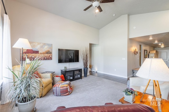 3772 S Walnut Ridge Way, Nampa, ID 83686 - carpeted living area with high vaulted ceiling, ceiling fan, and wood finished floors