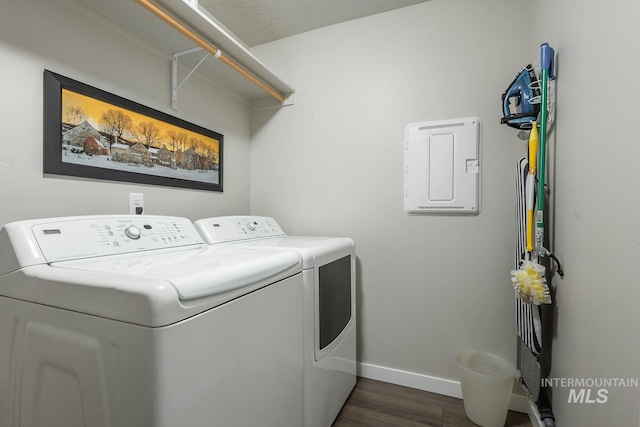 3772 S Walnut Ridge Way, Nampa, ID 83686 - laundry room with washer and clothes dryer, dark wood-style floors, and electric panel