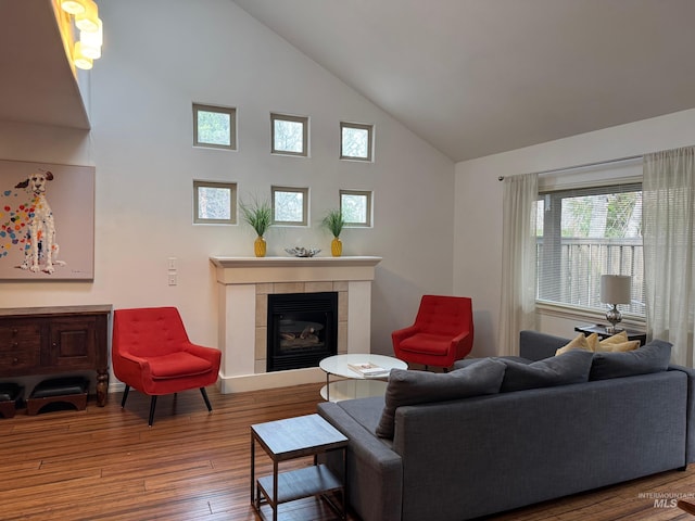 living room featuring a fireplace, high vaulted ceiling, and wood finished floors