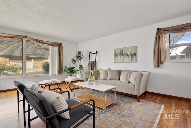 living area with wood finished floors, a healthy amount of sunlight, baseboards, and a textured ceiling