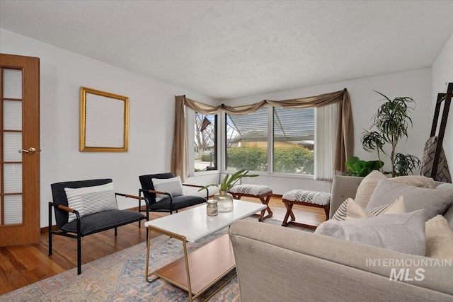 living room featuring wood finished floors and a textured ceiling