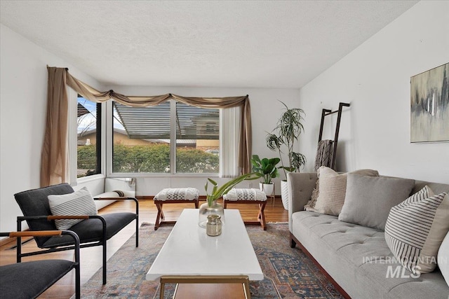 living room featuring a textured ceiling and dark wood-style floors