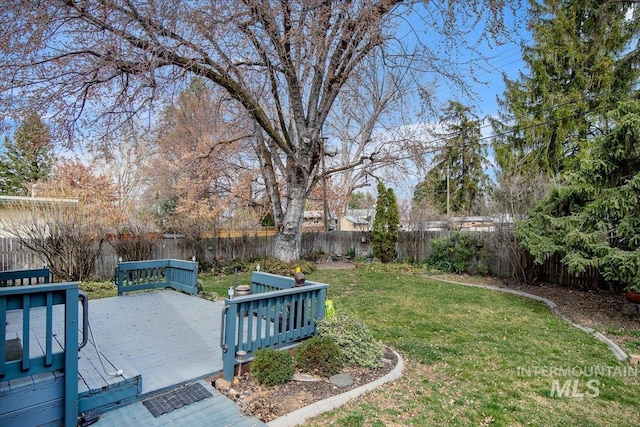 view of yard featuring a fenced backyard and a wooden deck