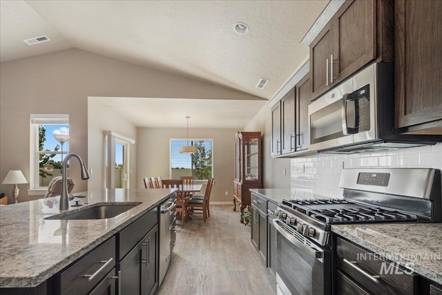 2510 Duchess Trl, Emmett, ID 83617 - kitchen featuring stainless steel appliances, lofted ceiling, a sink, light wood-style floors, and dark brown cabinets