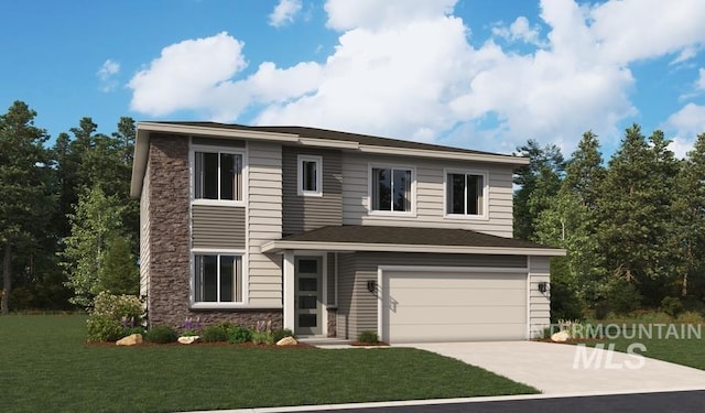 6117 N Torva Ave, Meridian, ID 83646 - view of front of house featuring driveway, stone siding, an attached garage, and a front yard