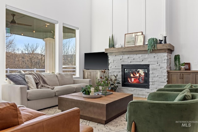 living room with a fireplace