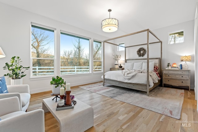 bedroom with baseboards and wood finished floors