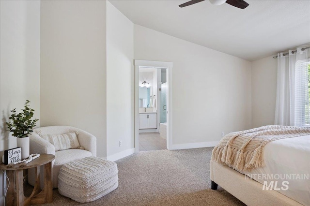 5322 N Papago Pl, Boise, ID 83713 - bedroom featuring carpet, lofted ceiling, ensuite bath, and ceiling fan