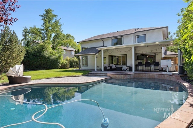 5322 N Papago Pl, Boise, ID 83713 - view of swimming pool featuring a yard, a patio, an outdoor living space, a bar, and a pool with connected hot tub