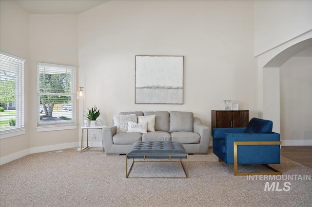 5322 N Papago Pl, Boise, ID 83713 - living room with arched walkways, a towering ceiling, and carpet floors