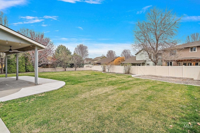 1452 E Pistioa, Meridian, ID 83642 - view of yard featuring a fenced backyard, a patio, ceiling fan, and a residential view