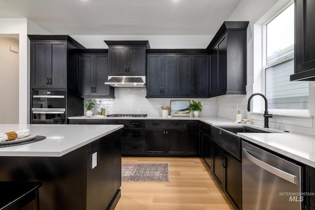 8709 W Pickett Creek St, Star, ID 83669 - kitchen with appliances with stainless steel finishes, under cabinet range hood, light wood-type flooring, decorative backsplash, and dark cabinets