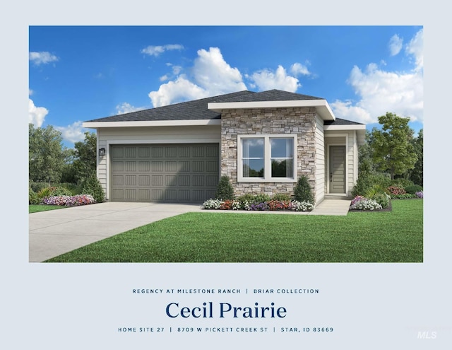 8709 W Pickett Creek St, Star, ID 83669 - view of front facade with stone siding, an attached garage, a front lawn, and driveway