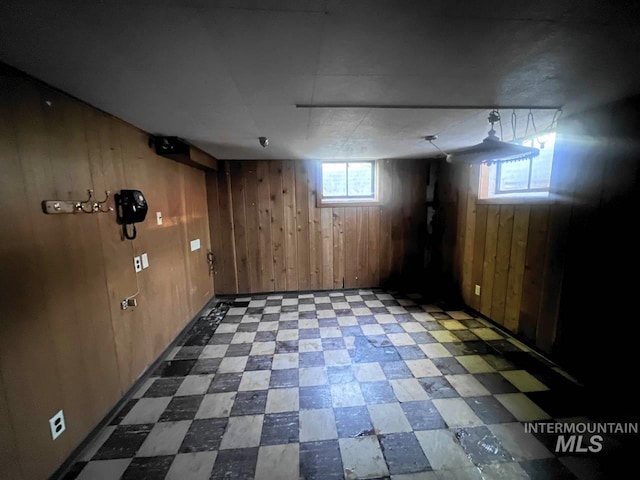 basement featuring wooden walls