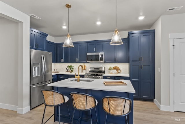 kitchen with an island with sink, appliances with stainless steel finishes, a kitchen breakfast bar, and sink