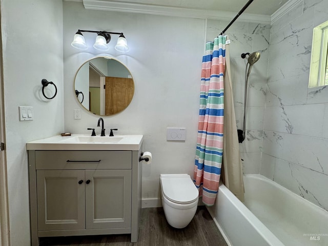 250 Hill Rd, Orofino, ID 83543 - bathroom with shower / bath combo, crown molding, toilet, wood finished floors, and vanity