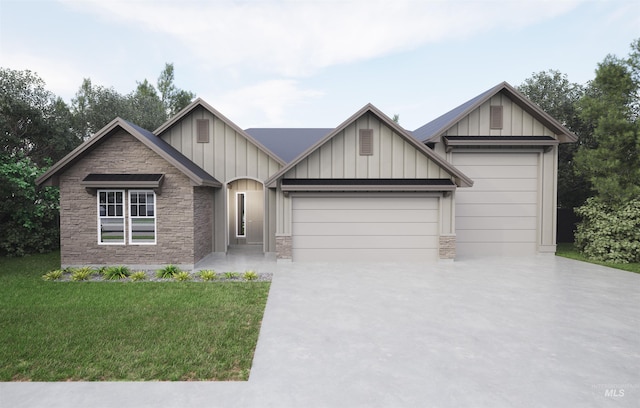 craftsman-style house with stone siding, board and batten siding, concrete driveway, a front yard, and a garage