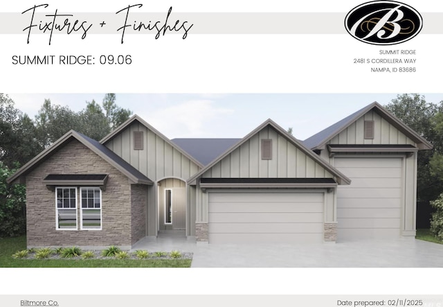 view of front of house with stone siding, board and batten siding, driveway, and a garage