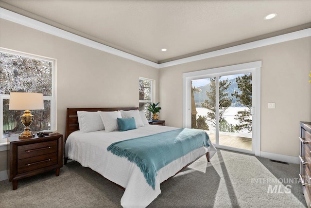 carpeted bedroom with access to exterior and crown molding