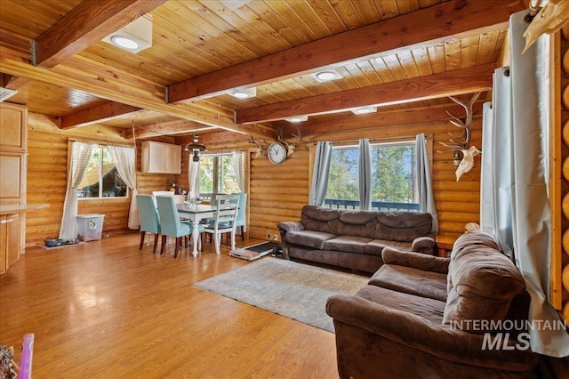 living room with wood ceiling, light wood finished floors, and beam ceiling