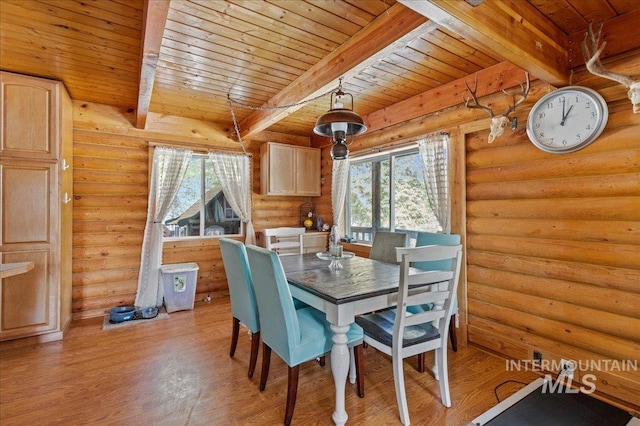 unfurnished dining area with wooden ceiling, light wood-style flooring, and beamed ceiling