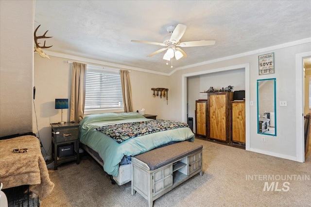 bedroom with baseboards, ornamental molding, a textured ceiling, and light colored carpet