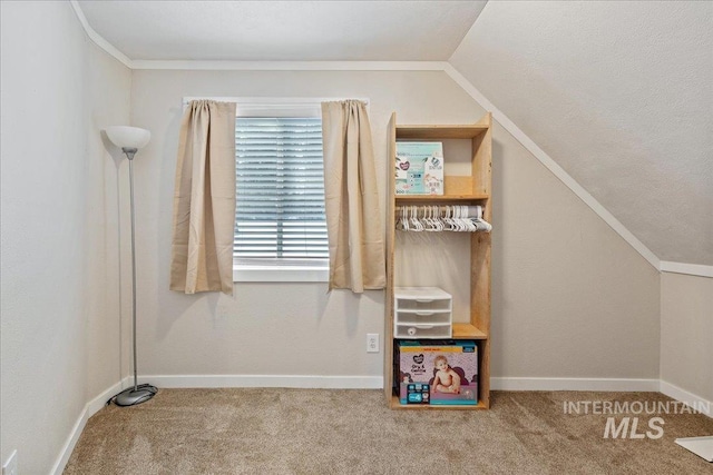 additional living space featuring carpet floors, vaulted ceiling, and baseboards