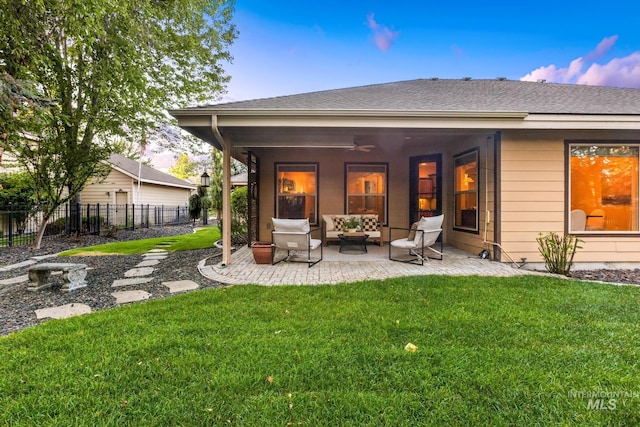 731 E Eaglewoods Ln, Eagle, ID 83616 - back of property with outdoor lounge area, a patio area, ceiling fan, and a shingled roof