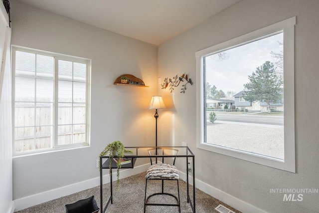 home office featuring plenty of natural light, visible vents, and baseboards