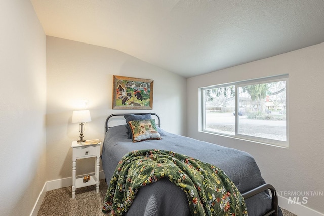 bedroom with baseboards, carpet, and vaulted ceiling