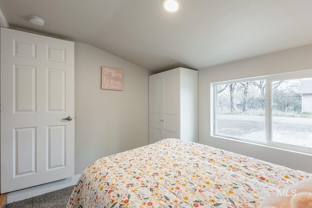 bedroom with vaulted ceiling and a textured ceiling