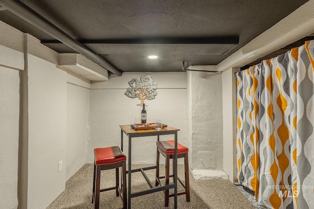 finished basement featuring carpet floors and a textured wall