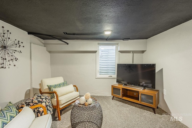 carpeted living room with a textured ceiling