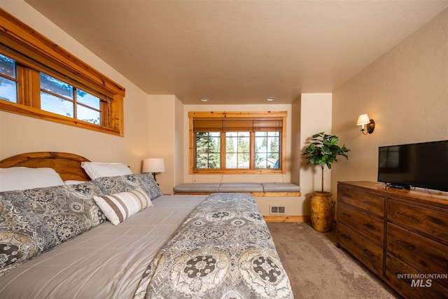 bedroom featuring carpet flooring, visible vents, and multiple windows
