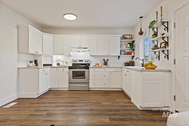 kitchen with stainless steel range with electric stovetop, sink, dark hardwood / wood-style floors, and white cabinets