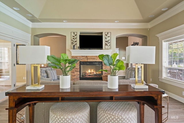 3993 N Heritage View Ave, Meridian, ID 83646 - living area featuring a fireplace, ornamental molding, wood finished floors, recessed lighting, and baseboards