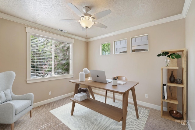 3993 N Heritage View Ave, Meridian, ID 83646 - home office featuring ceiling fan, a textured ceiling, carpet flooring, baseboards, and crown molding