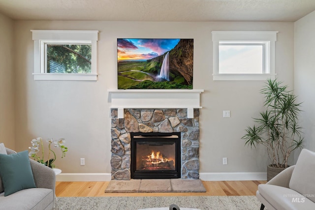 3993 N Heritage View Ave, Meridian, ID 83646 - living area featuring wood finished floors, a stone fireplace, and baseboards