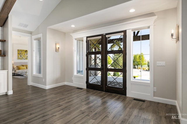 12975 Silversage Dr, Nampa, ID 83686 - entrance foyer with dark wood-style flooring, plenty of natural light, vaulted ceiling, and recessed lighting