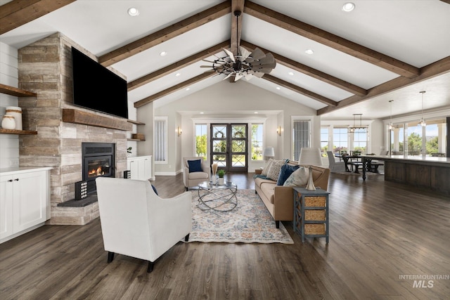 12975 Silversage Dr, Nampa, ID 83686 - living area with a fireplace, dark wood-style flooring, recessed lighting, and ceiling fan