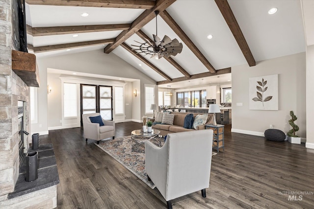12975 Silversage Dr, Nampa, ID 83686 - living area featuring a fireplace, recessed lighting, wood finished floors, and ceiling fan