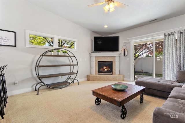 1326 N Alvey, Meridian, ID 83642 - carpeted living area featuring a ceiling fan, a fireplace, and baseboards
