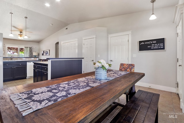 1326 N Alvey, Meridian, ID 83642 - dining area with lofted ceiling, light tile patterned floors, baseboards, and ceiling fan