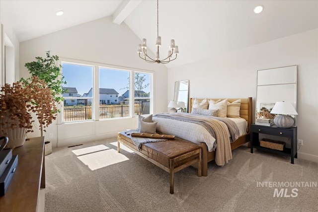 3064 N Wingspan Way, Eagle, ID 83616 - carpeted bedroom featuring beamed ceiling, recessed lighting, an inviting chandelier, and high vaulted ceiling
