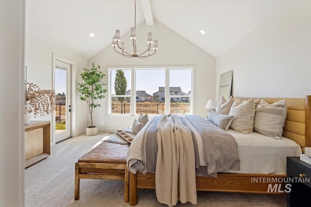3064 N Wingspan Way, Eagle, ID 83616 - carpeted bedroom with recessed lighting, vaulted ceiling with beams, access to exterior, and a notable chandelier